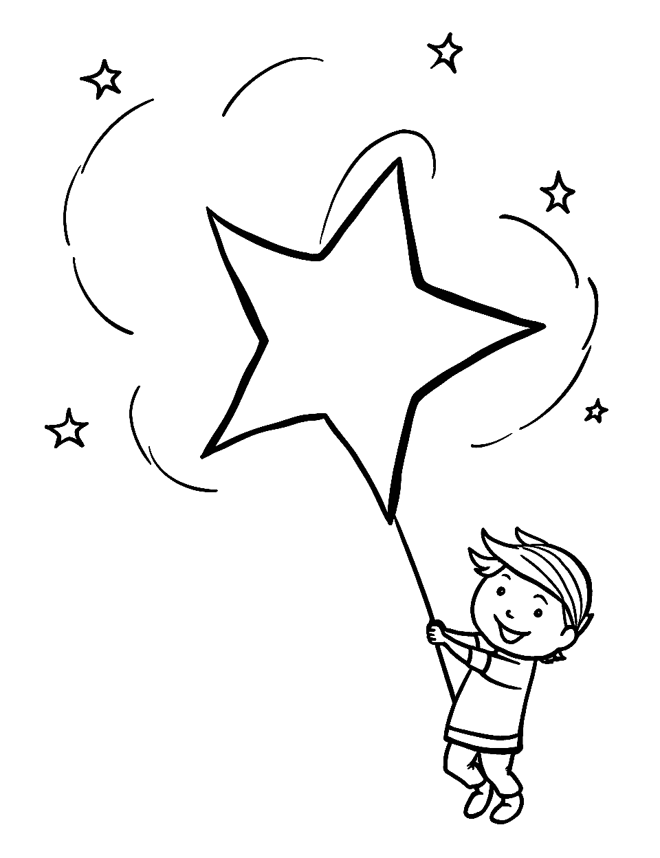 Flying Star Kite Coloring Page - A kid flying a kite shaped like a star.