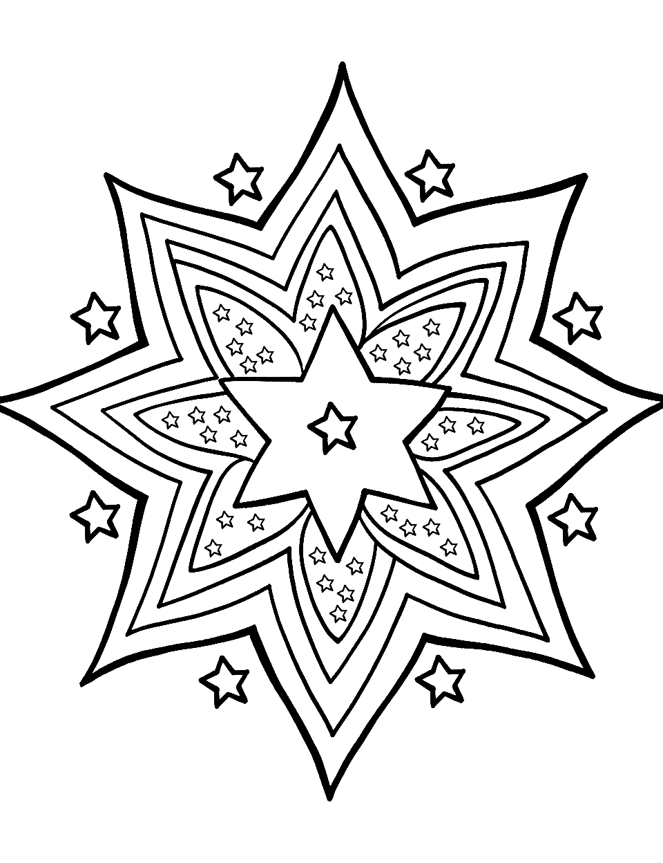 Mandala Star Design Coloring Page - A large, intricate mandala design made up entirely of stars and celestial patterns.