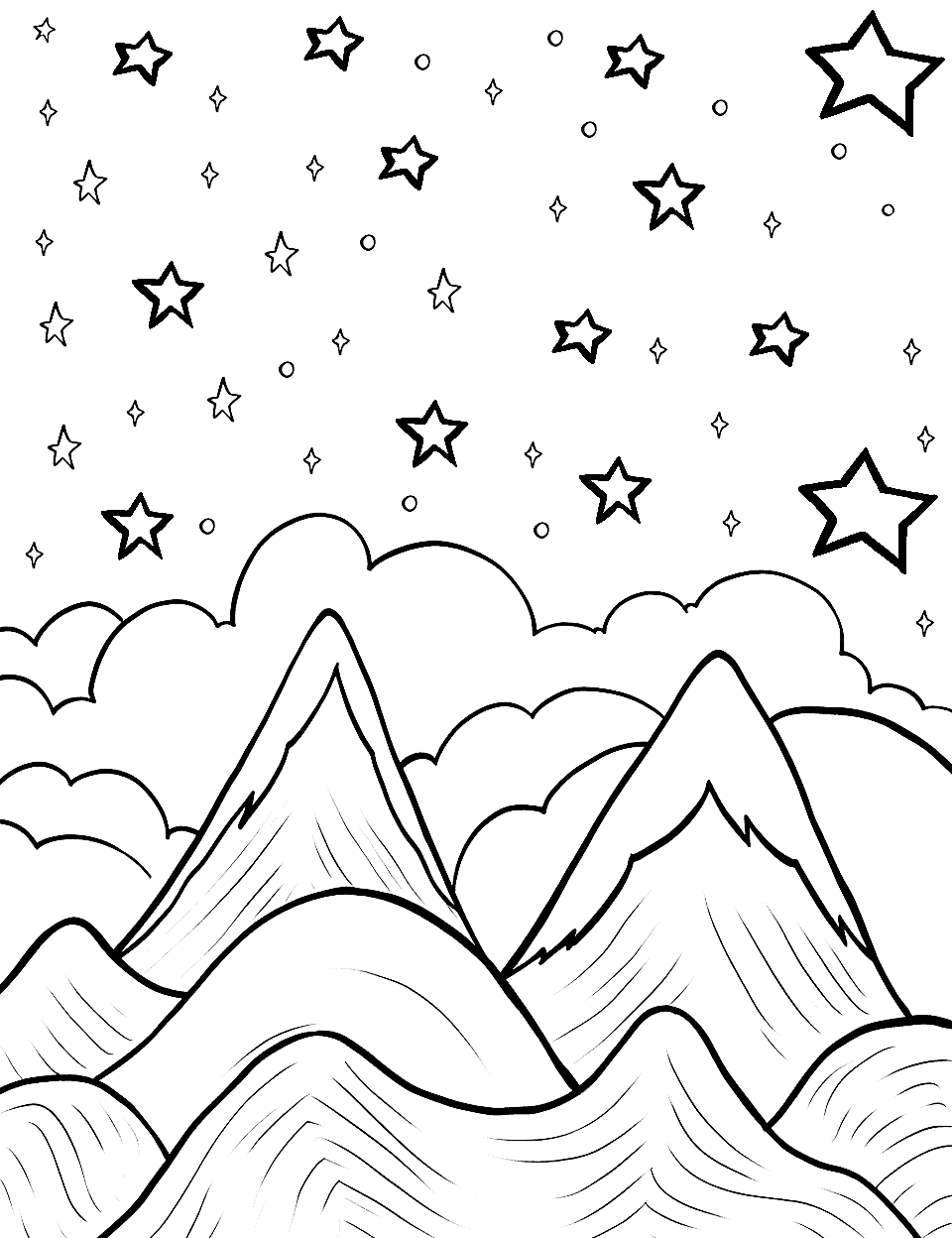 Star-Covered Mountains Star Coloring Page - A mountain range under a starry sky.