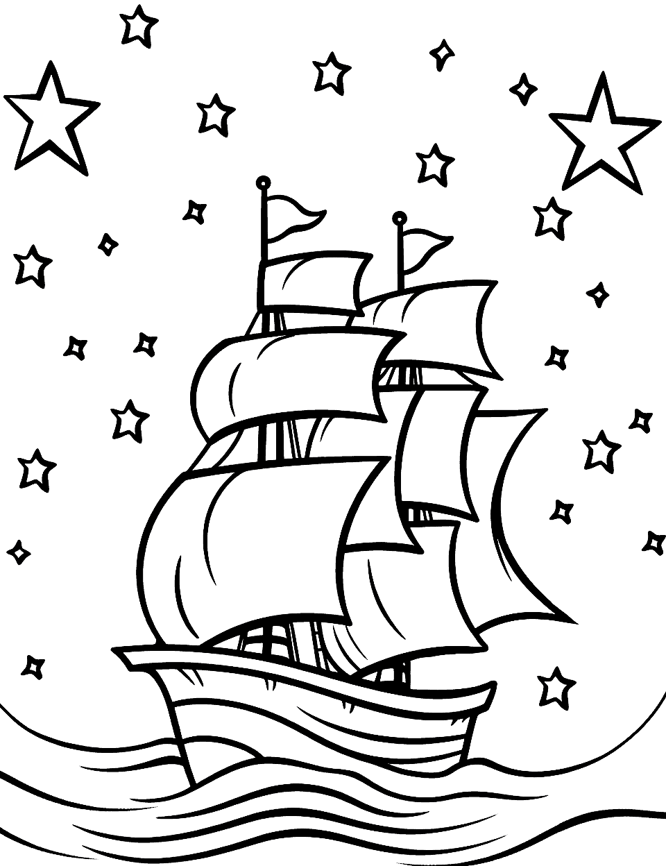 Pirate Ship and Star Coloring Page - A pirate ship sailing under a starry sky.