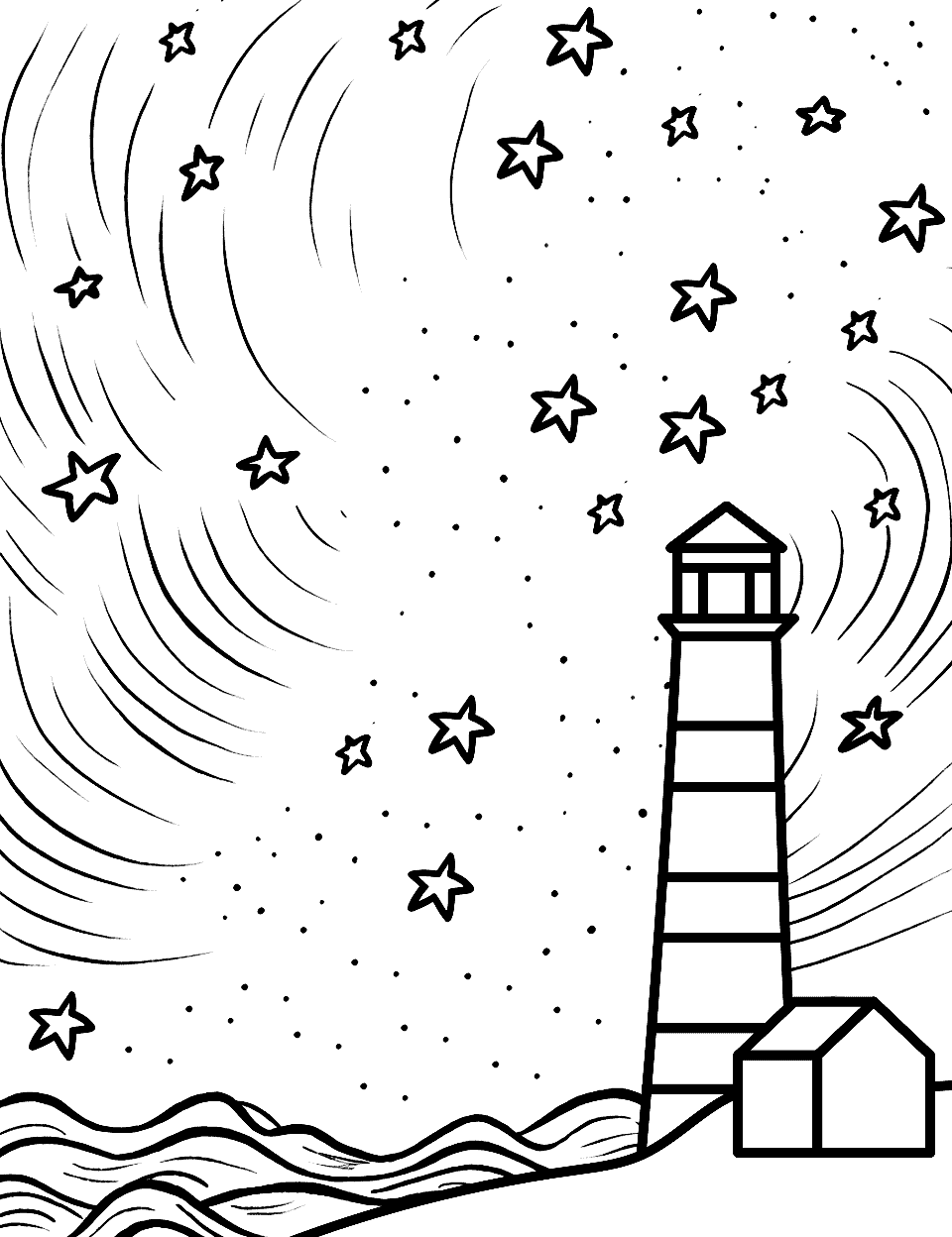 Starry Lighthouse Scene Star Coloring Page - A lighthouse in a star-filled sky.