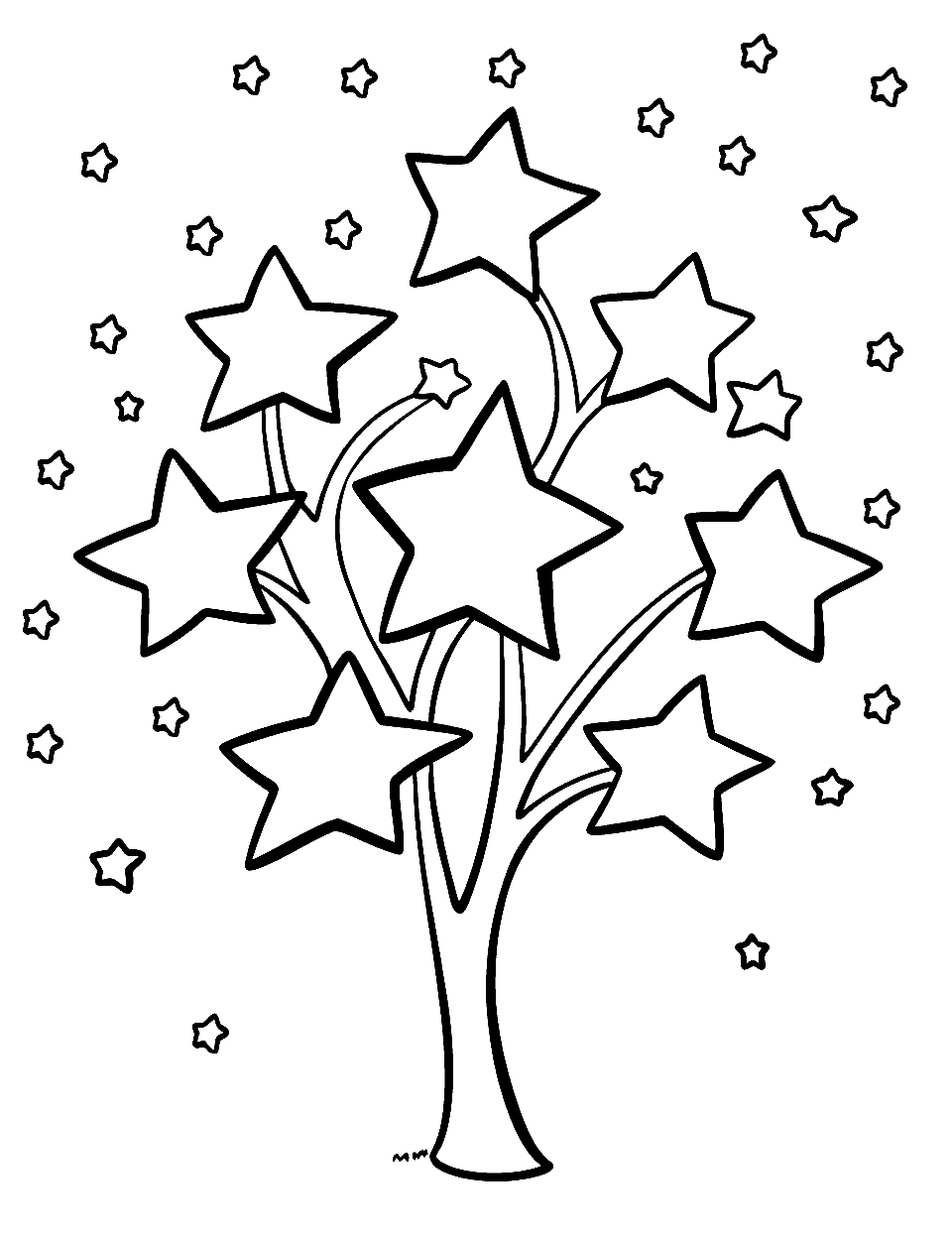 Star Fruit Tree Coloring Page - A tree with star-shaped fruits hanging from its branches.