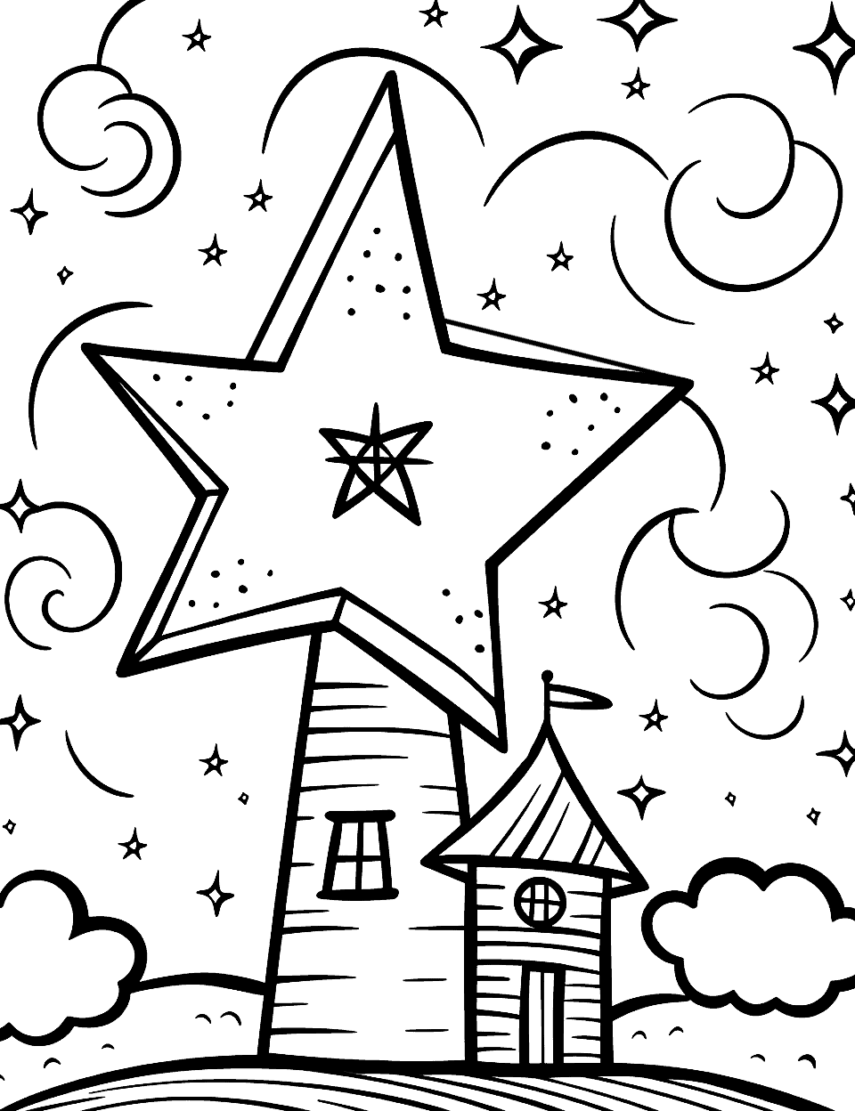 Starry Windmill Star Coloring Page - A star-shaped windmill silhouetted against a starry night sky.