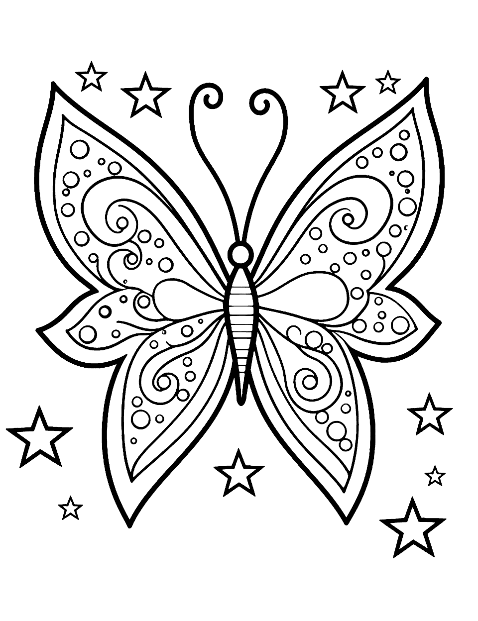 Star and Butterfly Coloring Page - A butterfly with wings shaped like stars.