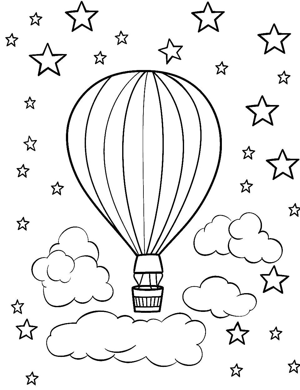 Star and Hot Air Balloon Coloring Page - A hot air balloon floating in a star-filled sky.