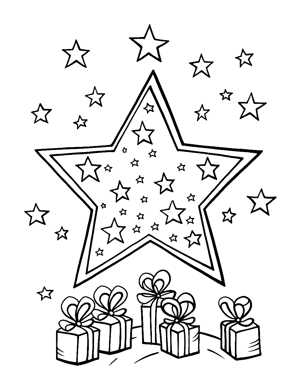 Christmas Star Scene Coloring Page - A bright large star surrounded by Christmas gifts.