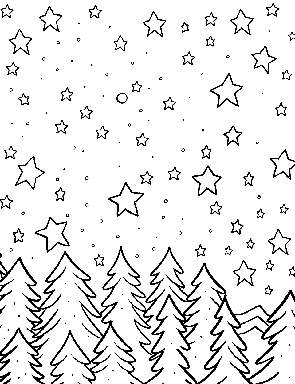Night Sky Spectacle Star Coloring Page - A landscape showing a night sky filled with stars over a peaceful forest.