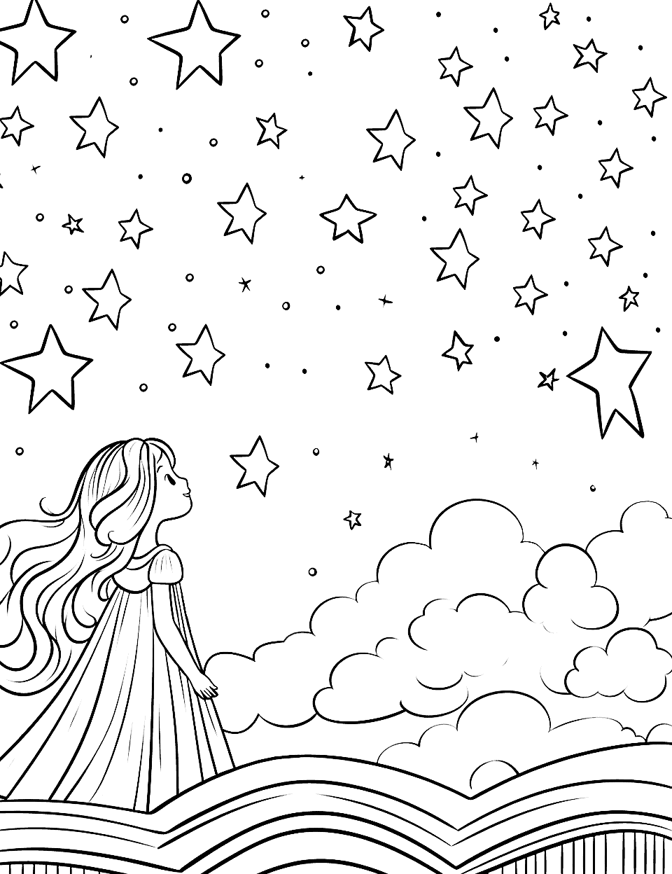 Princess and Star Coloring Page - A princess looking up at a glowing star in the night sky from her castle roof.
