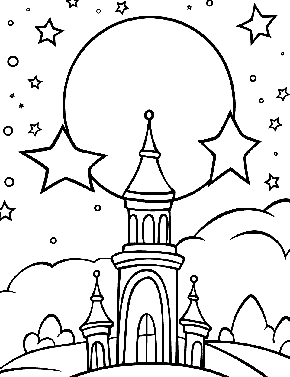 Ramadan Starry Night Star Coloring Page - A mosque under a star-filled sky, symbolizing the holy month of Ramadan.
