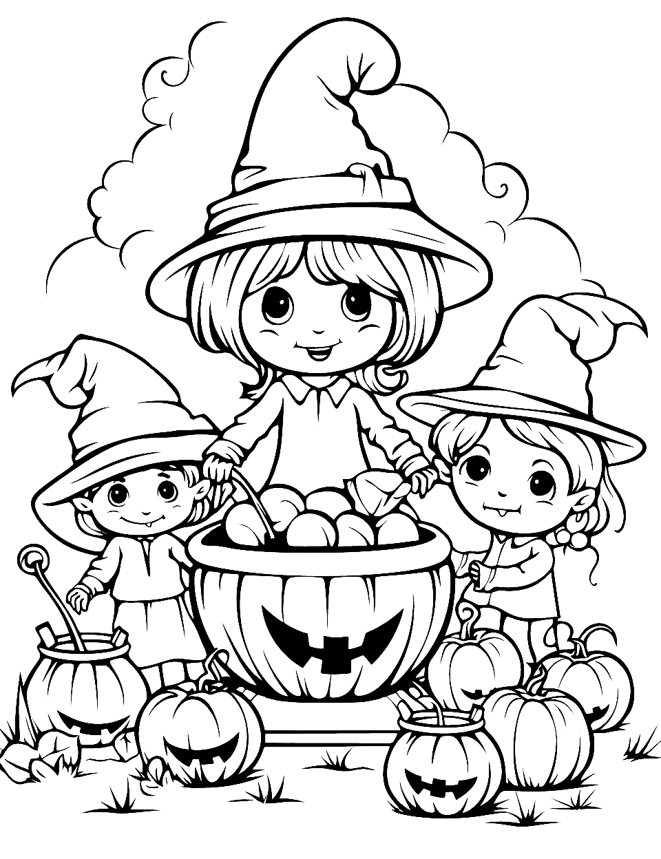 Halloween Witch Gathering Coloring Page - A group of friendly witches around a cauldron during Halloween, brewing a potion.