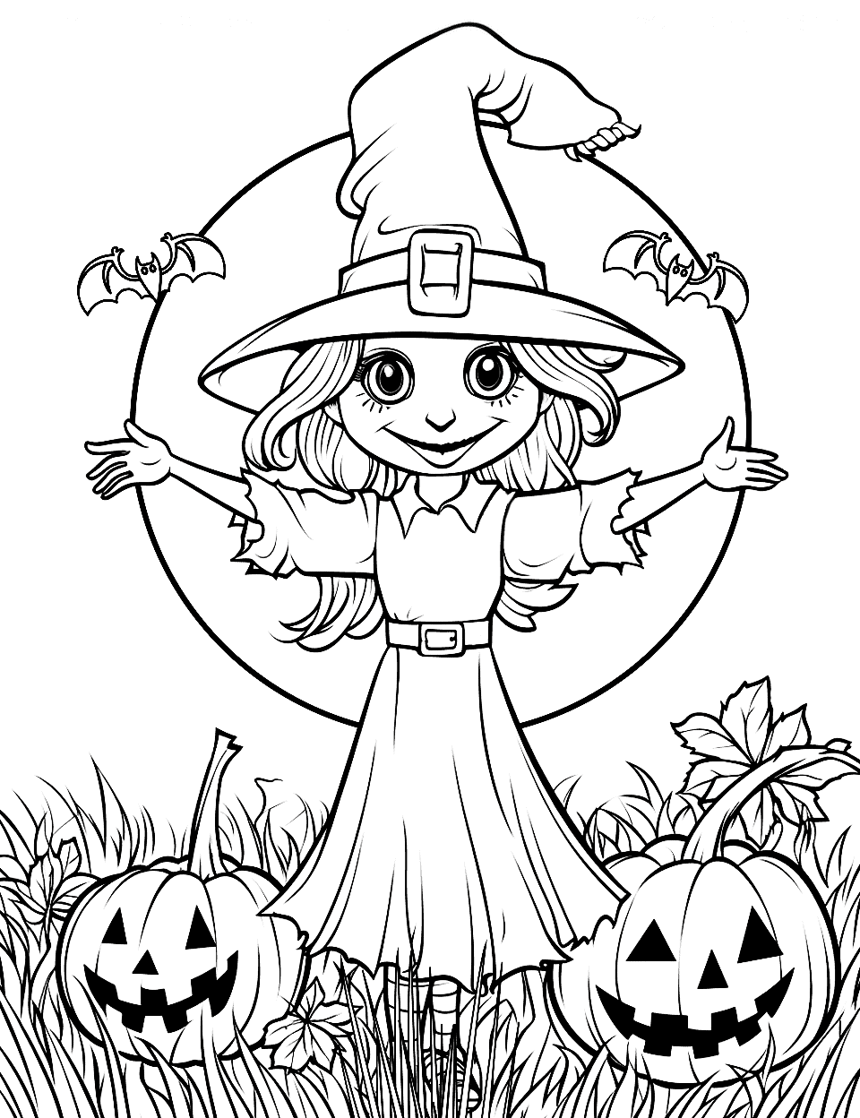 Scarecrow Witch Coloring Page - A scarecrow possessed by a witch conjuring magic in a field.