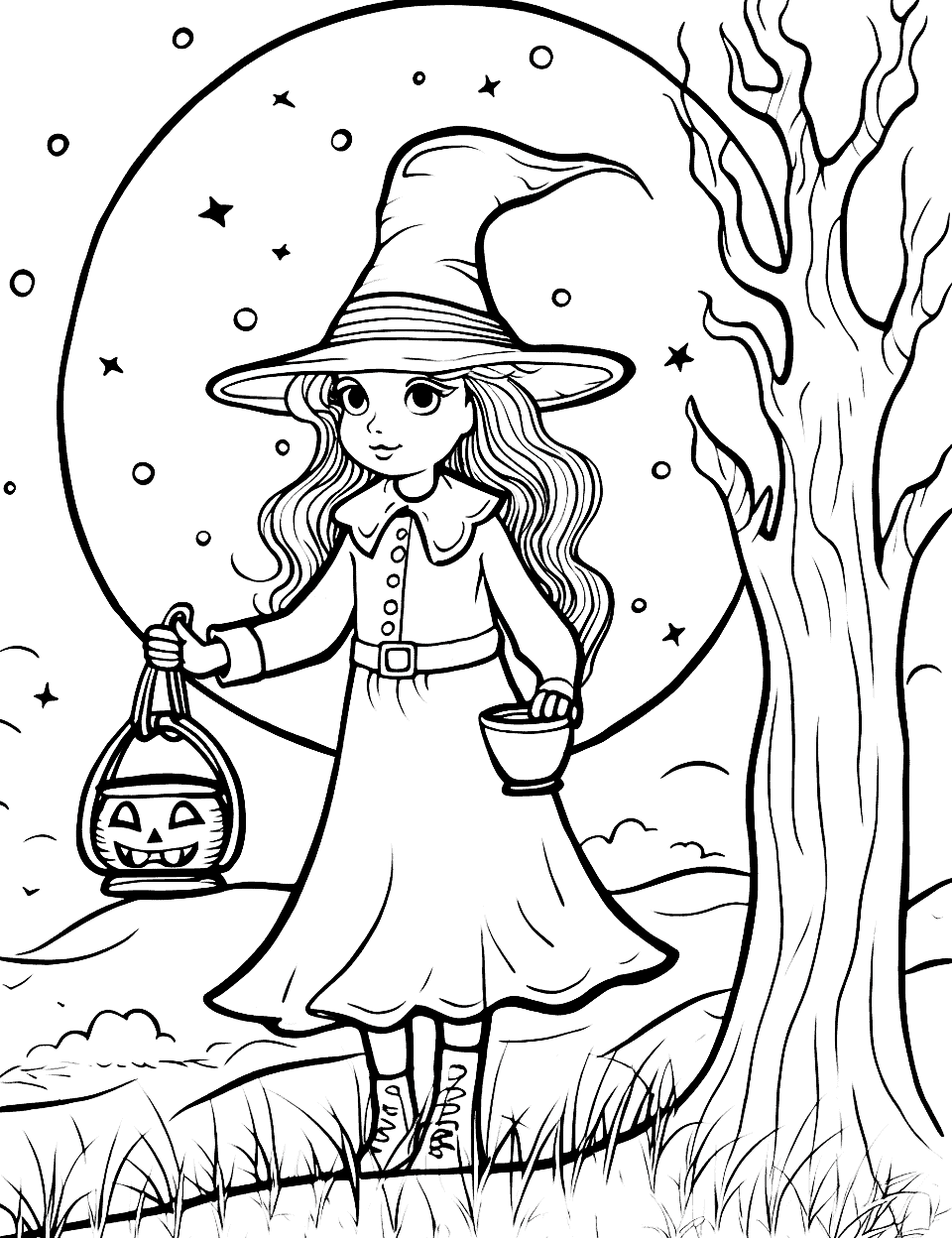 Nighttime Witch Adventure Coloring Page - A witch exploring a forest under a full moon with a lantern in hand.