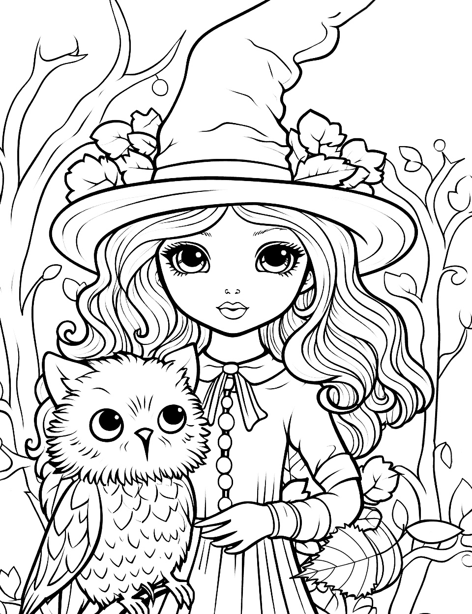 Witch's Pet Owl Witch Coloring Page - A witch with her owl in a mystical forest.