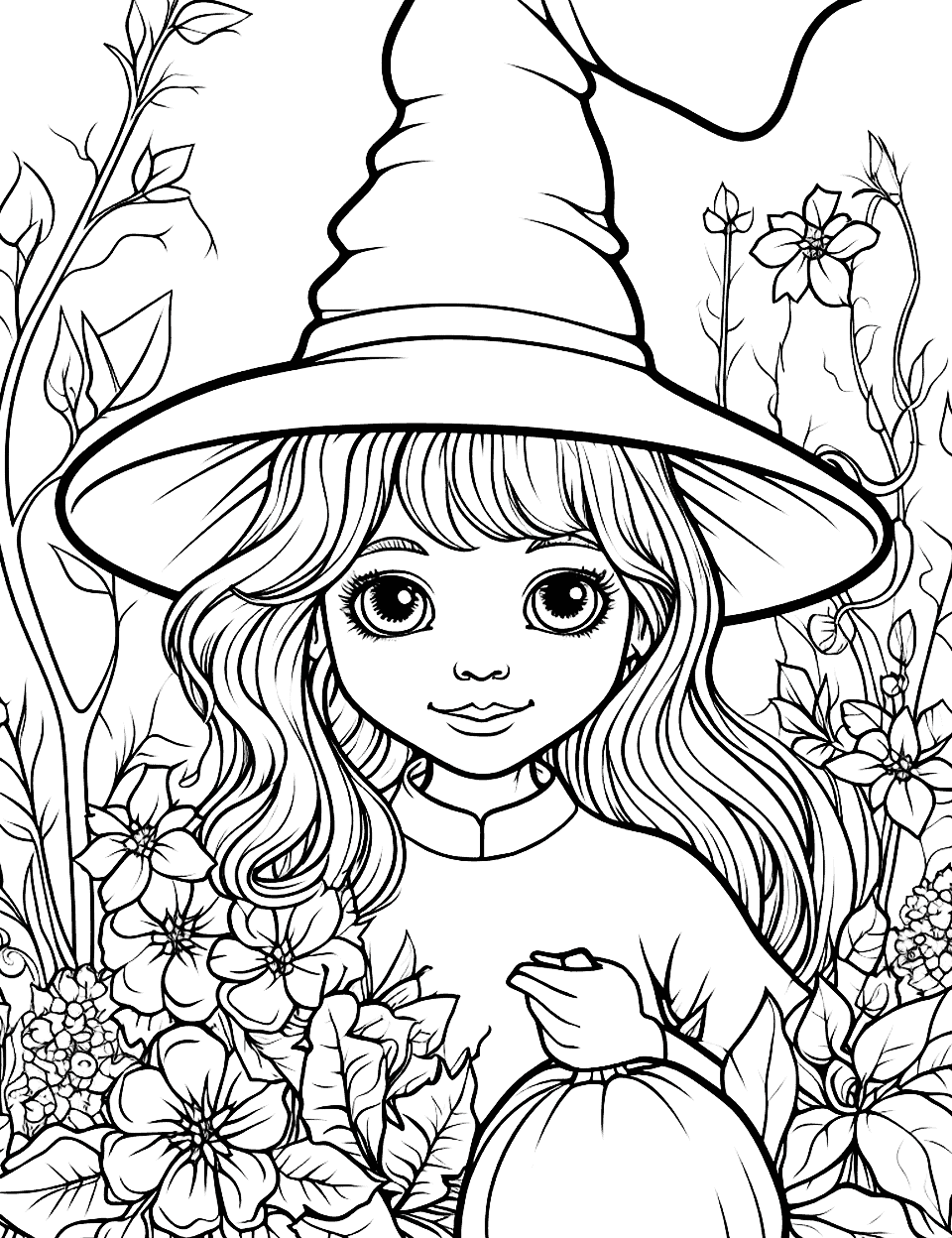 Witch's Magical Garden Witch Coloring Page - A witch in a magical garden with plants that have unusual flowers.