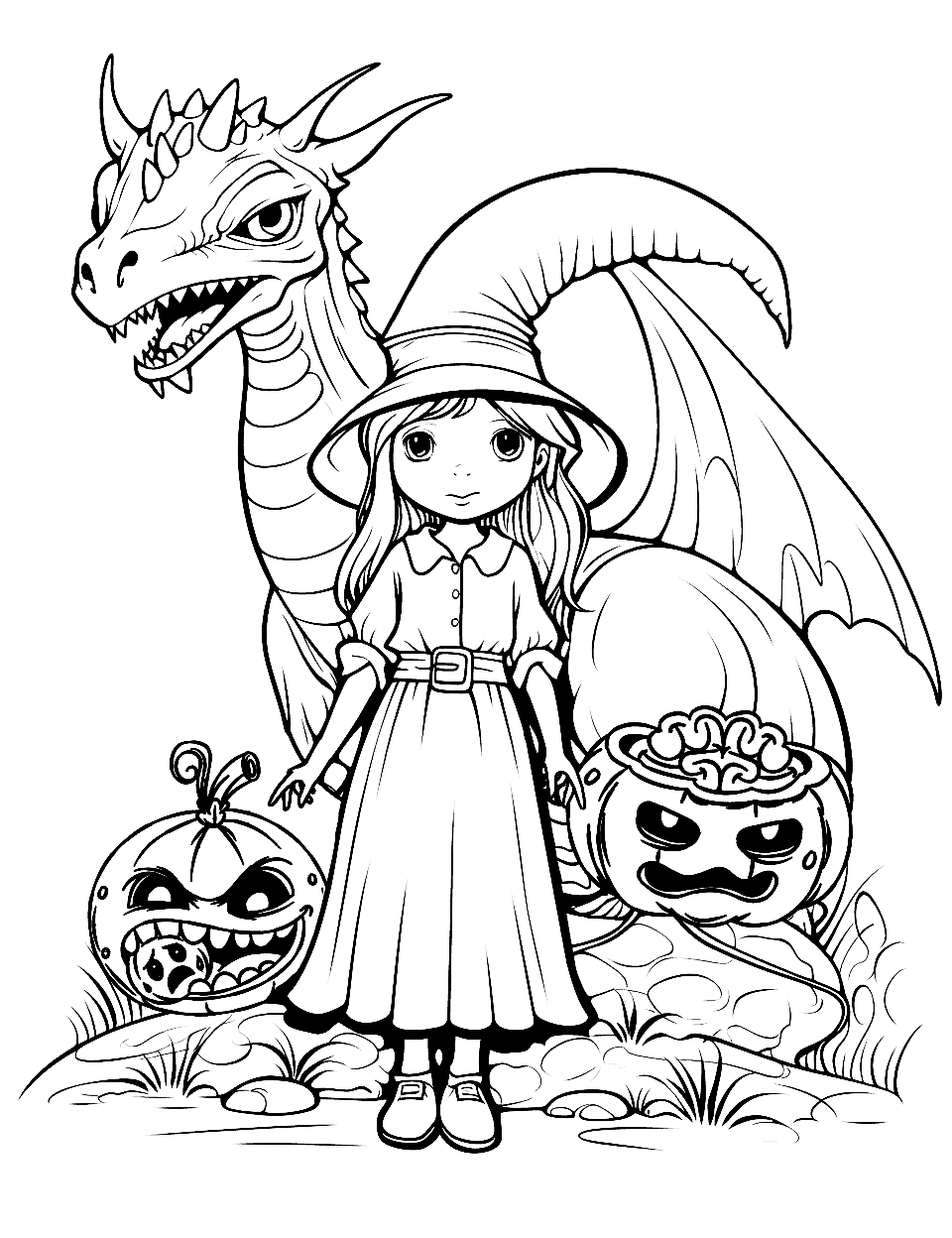 Witch and Her Dragon Coloring Page - A witch standing beside a small, protective dragon.