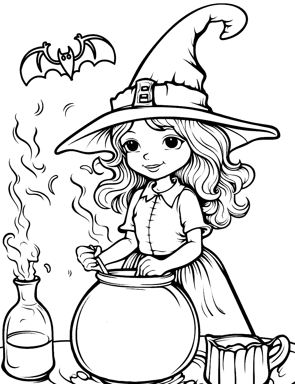 Witch and the Potion Coloring Page - A witch creating a potion that spills out in the smoke.
