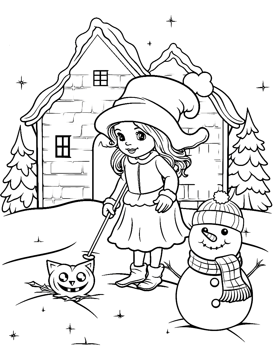 Little Witch's Winter Wonderland Witch Coloring Page - A little playing in a snowy landscape.