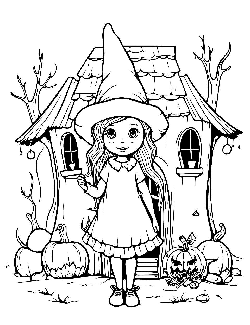 Witch's Forest Cabin Witch Coloring Page - A witch outside her cozy cabin in the woods.