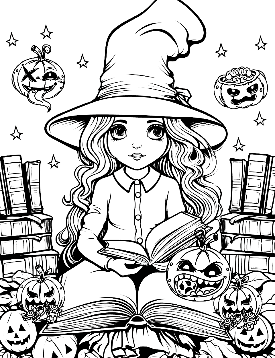 Advanced Witch Spell Crafting Coloring Page - A witch in a library, surrounded by ancient spell books and magical artifacts.