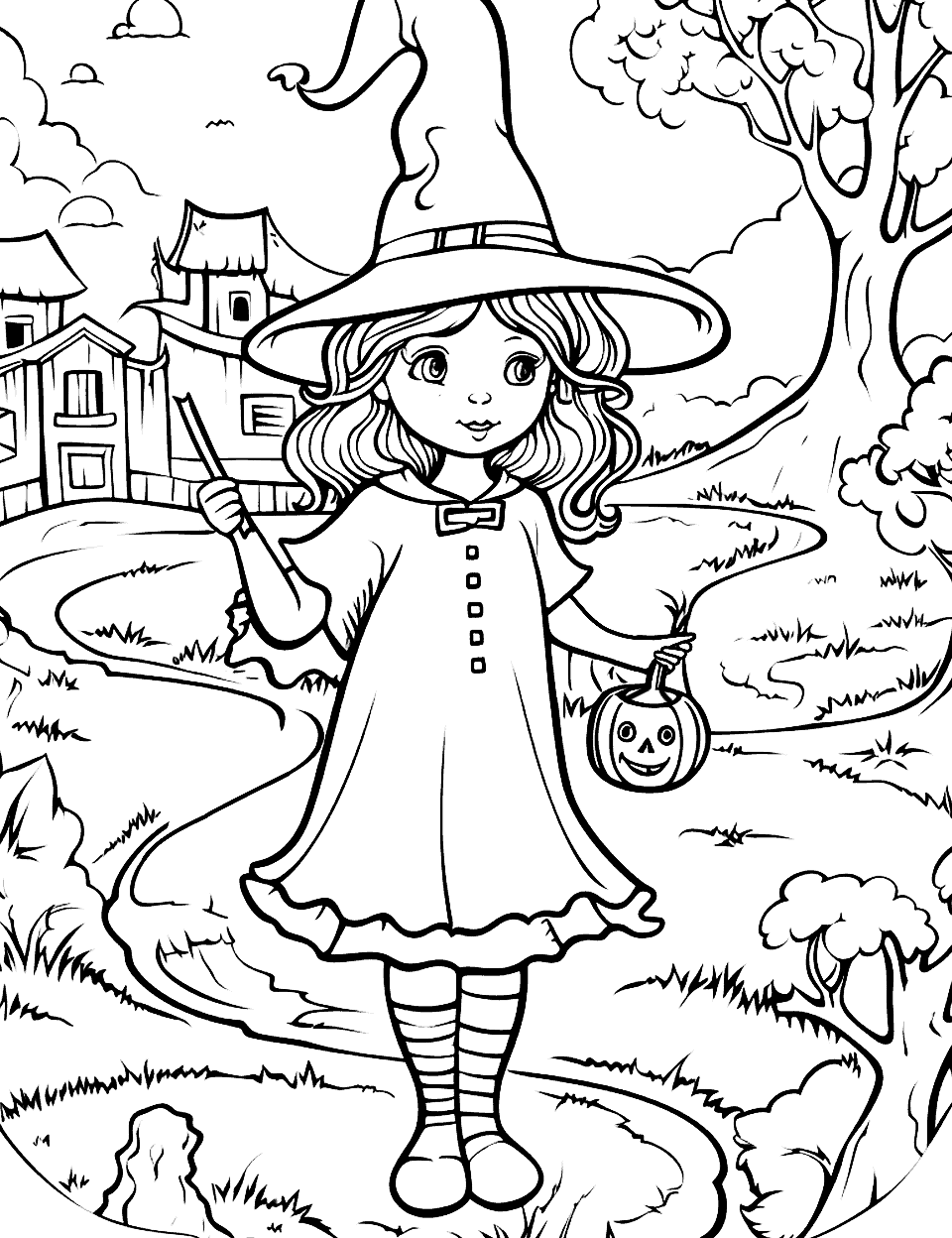 Witch's Treasure Hunt Witch Coloring Page - A witch searching for treasure with a map in a mystical land.