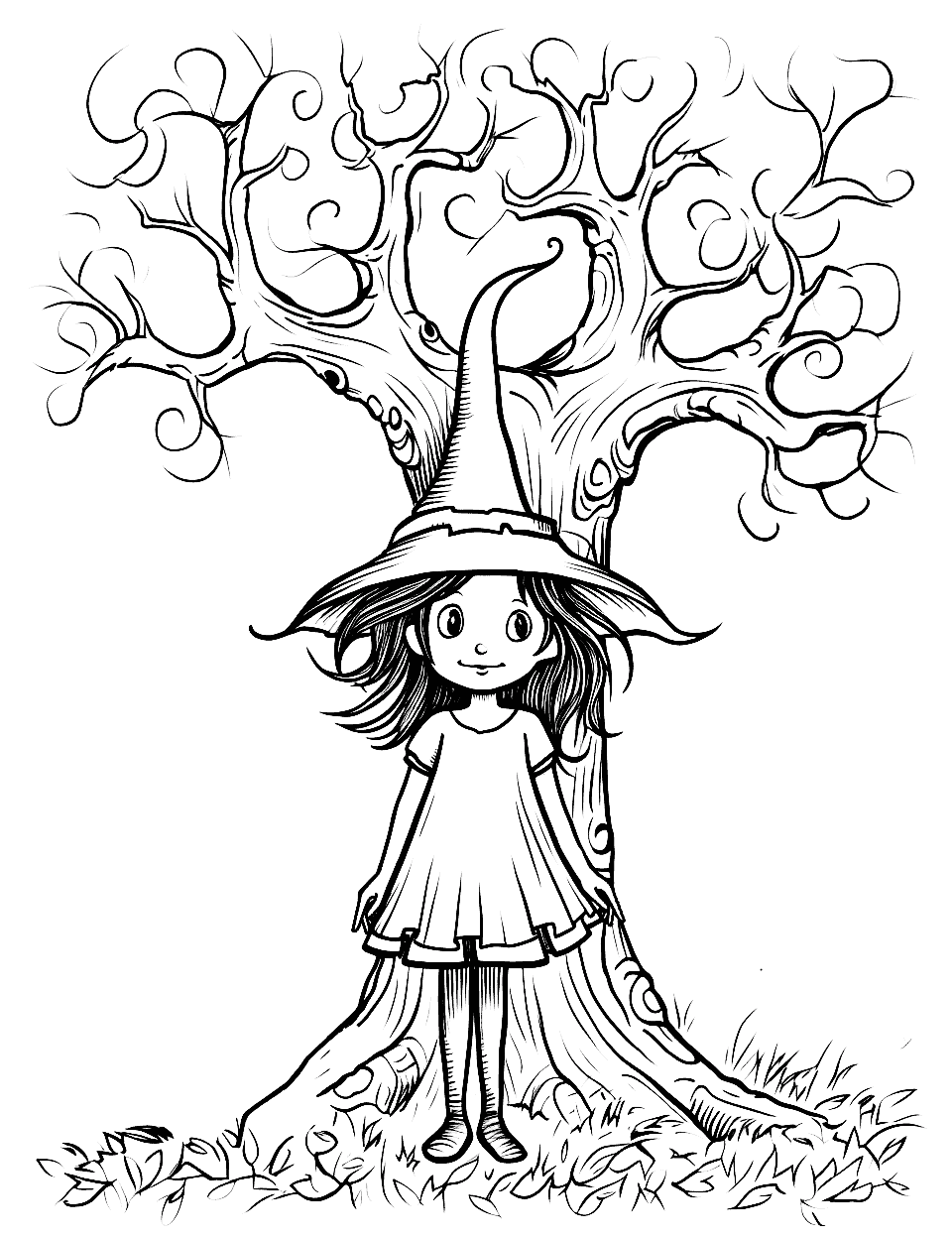 Witch and the Enchanted Tree Coloring Page - A witch and a large tree in a magical forest.
