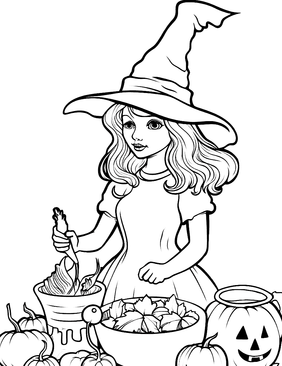 Witch's Midnight Snack Witch Coloring Page - A witch in her kitchen making a snack with magical ingredients.