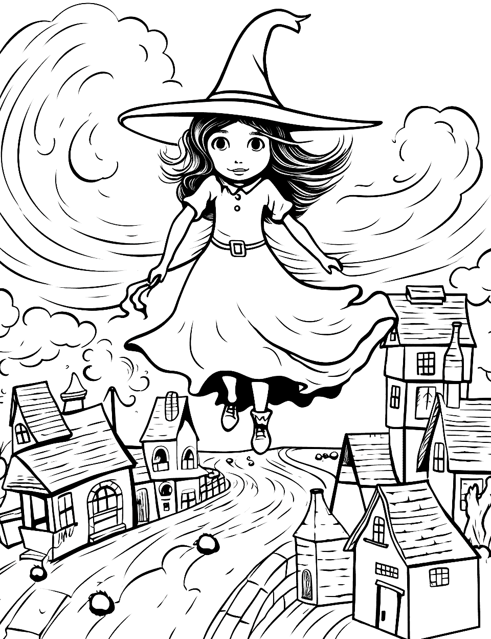 Witch over the Village Coloring Page - A witch flying over a simple village landscape.