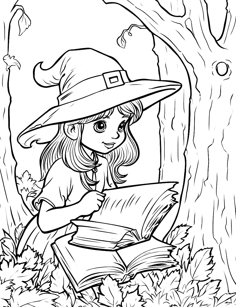 Witch's Spell Book Discovery Witch Coloring Page - A witch finds a hidden spell book in a tree trunk.
