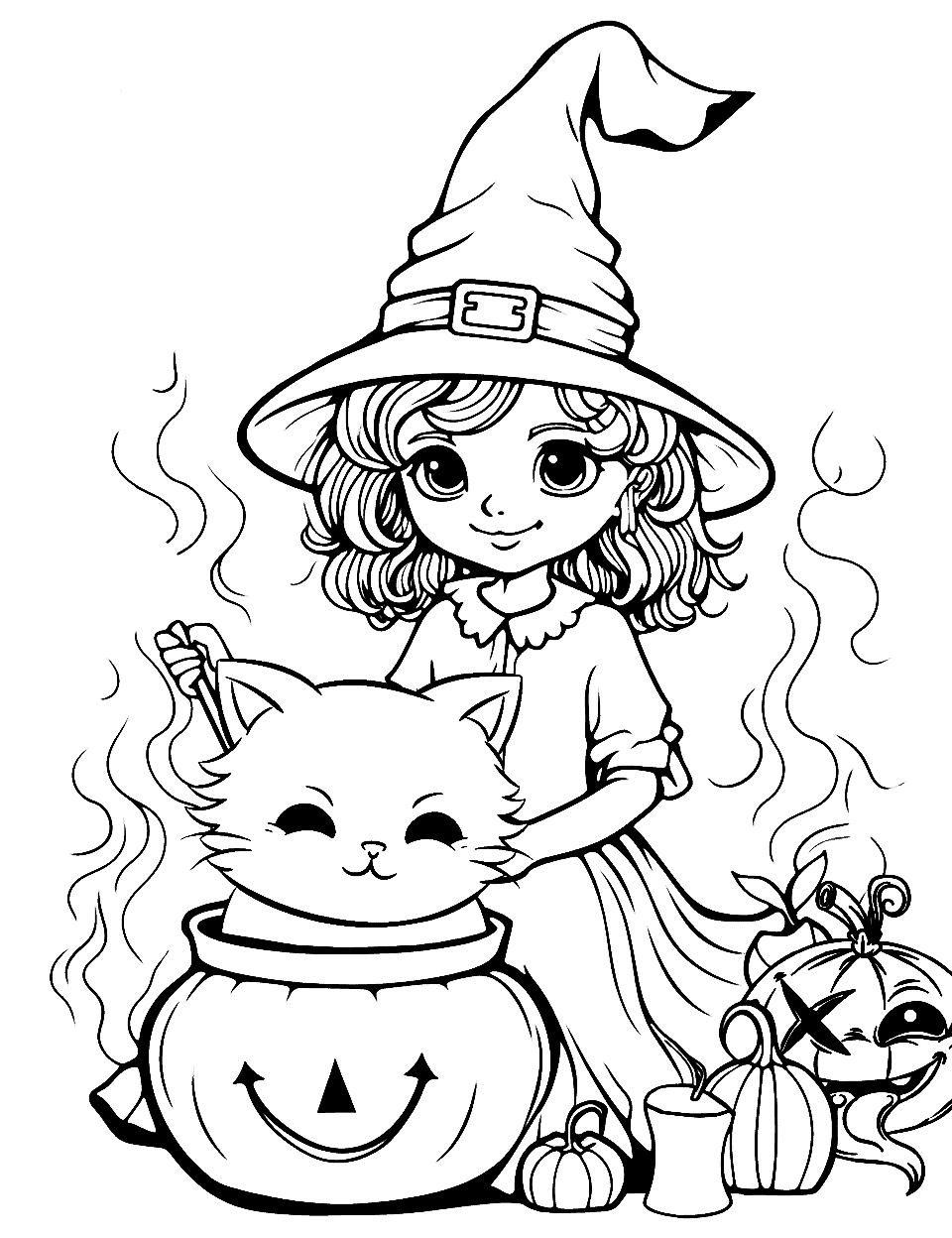 Cute Witch and Her Cat Coloring Page - A young, adorable witch and her cat in the cauldron.