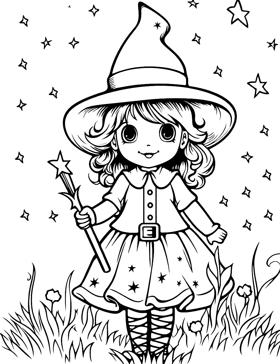 Minnie the Young Witch Coloring Page - Minnie, a youthful witch, going through a meadow on a starry night.