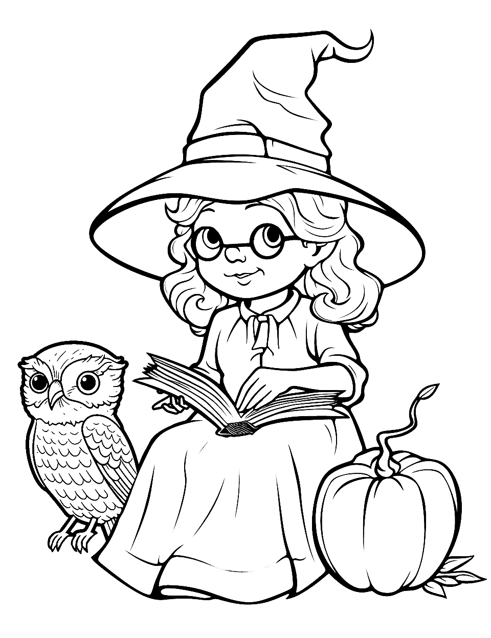 Cornelia the Wise Witch Coloring Page - Cornelia, an elderly witch, reading a spell book with a wise owl perched nearby.