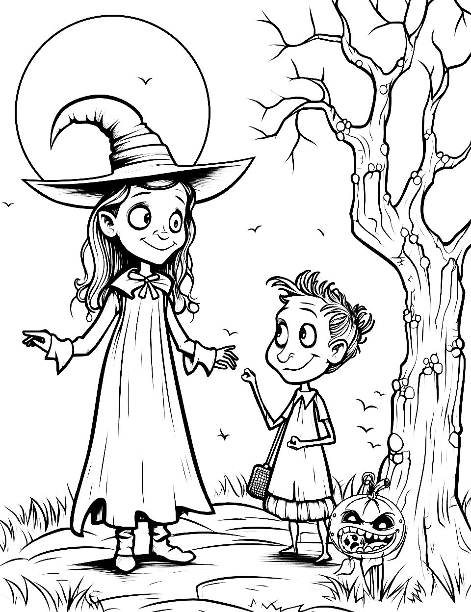 Witch Meeting Frankenstein Coloring Page - A friendly encounter between a witch and a cartoonish Frankenstein in a moonlit forest.