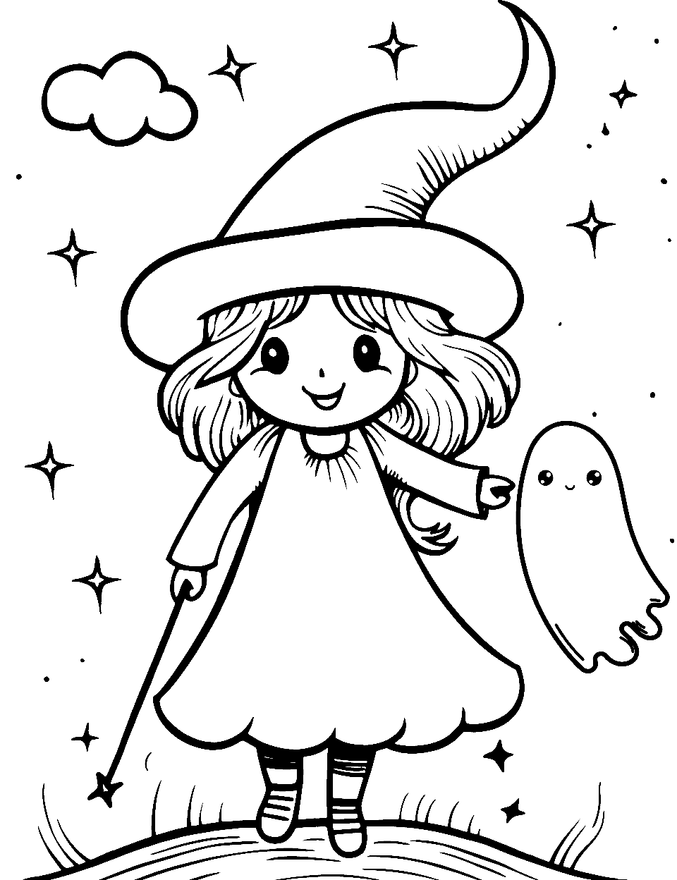 Witch and Ghost Friend Coloring Page - A witch alongside a friendly ghost in a starry sky.