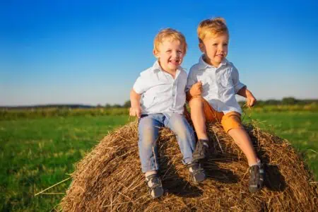 Two adorable boys sitting on top of haystack in the field