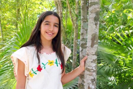 Mayan girl wearing traditional clothing smiling while looking at the camera