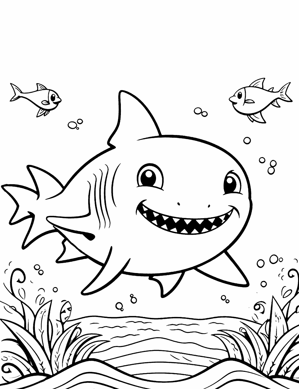 Tropical Island Baby Shark Coloring Page - Baby Shark under tropical island waters with exotic underwater plants.