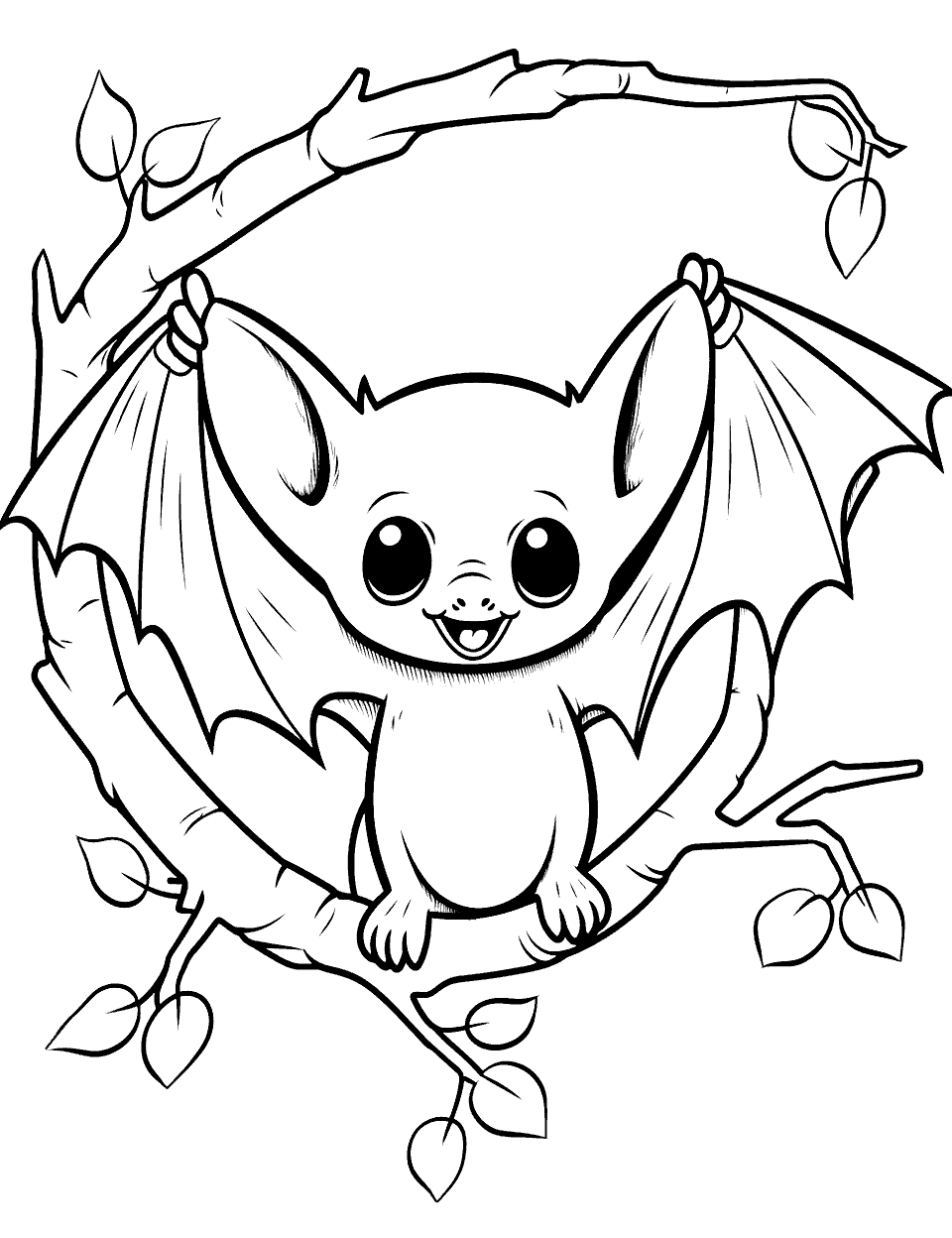 Cute Bat Hanging on a Tree Coloring Page - A small, adorable bat with big eyes sitting on a tree branch.