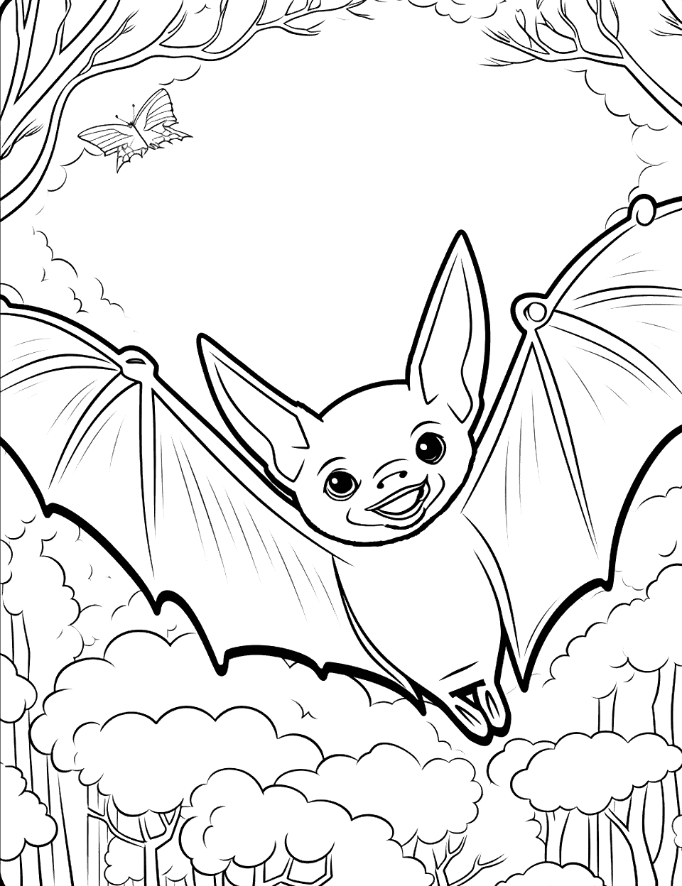 Bat in the Forest Coloring Page - A bat flying through a forest with background details.