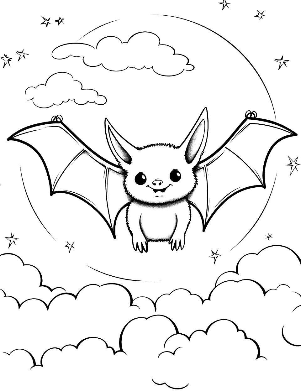 Small Bat in a Big World Coloring Page - A bat in a vast sky flying alone for its destination.