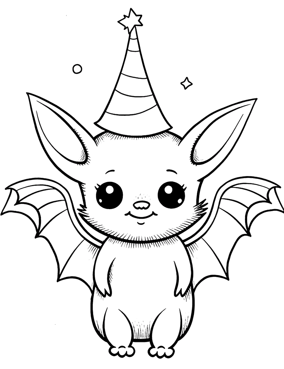 Bat with a Party Hat Coloring Page - A fun image of a bat wearing a party hat.