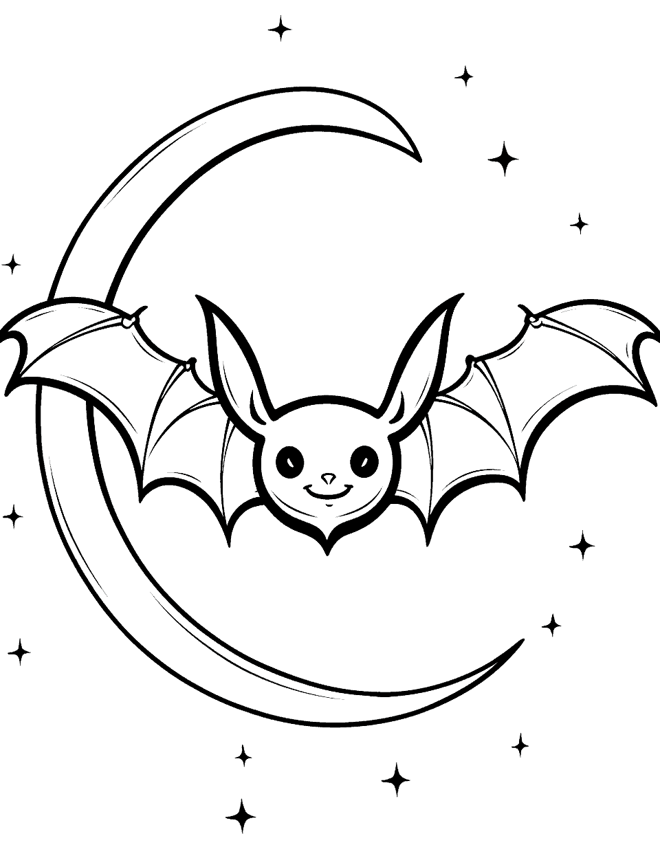 Bat and a Crescent Moon Coloring Page - A bat flying in front of a crescent moon.