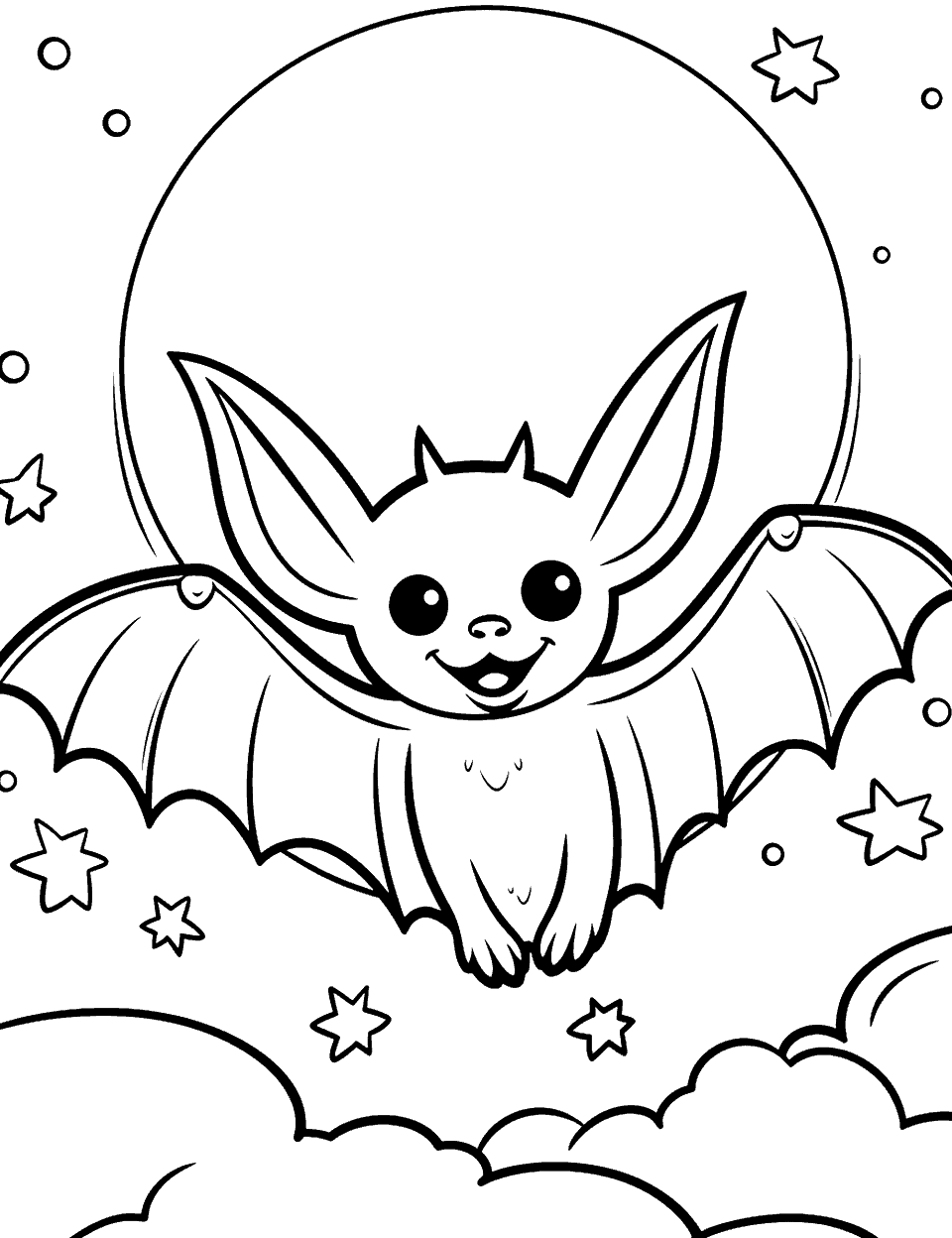 Halloween Night Adventure Bat Coloring Page - A bat flying under a full moon with a background of a starry night sky.