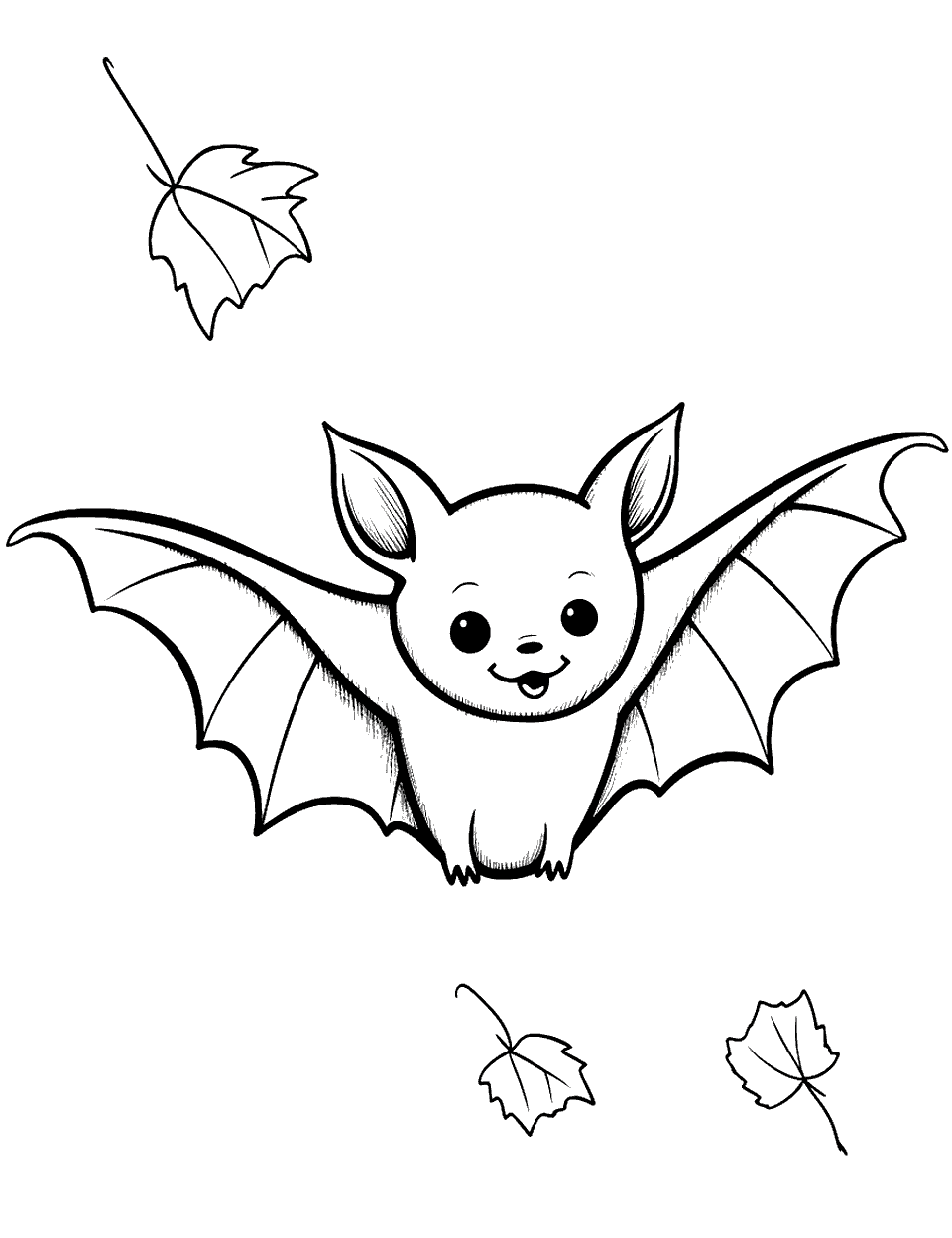 Bat and a Falling Leaf Coloring Page - A bat observing a falling leaf, symbolizing autumn.