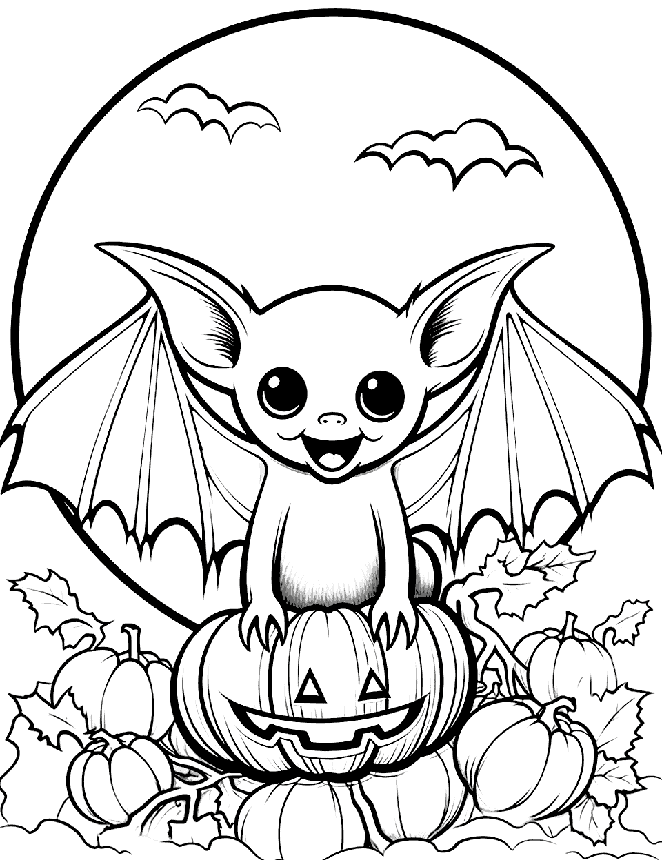 Bat with a Pumpkin Coloring Page - A bat with a pumpkin suitable for Halloween.