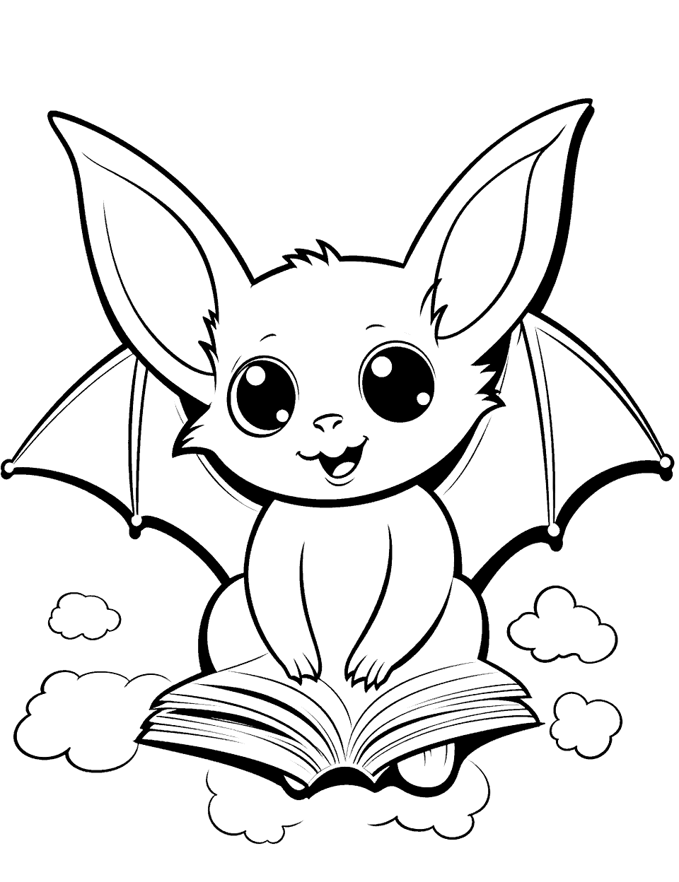 Bat Reading a Book Coloring Page - A scholarly bat reading a book, promoting education.