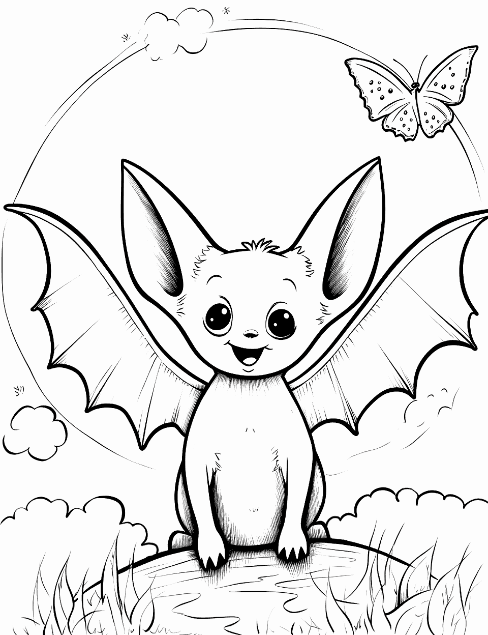 Bat Making Friends with a Butterfly Coloring Page - A bat curiously sits near a butterfly considering making friends.