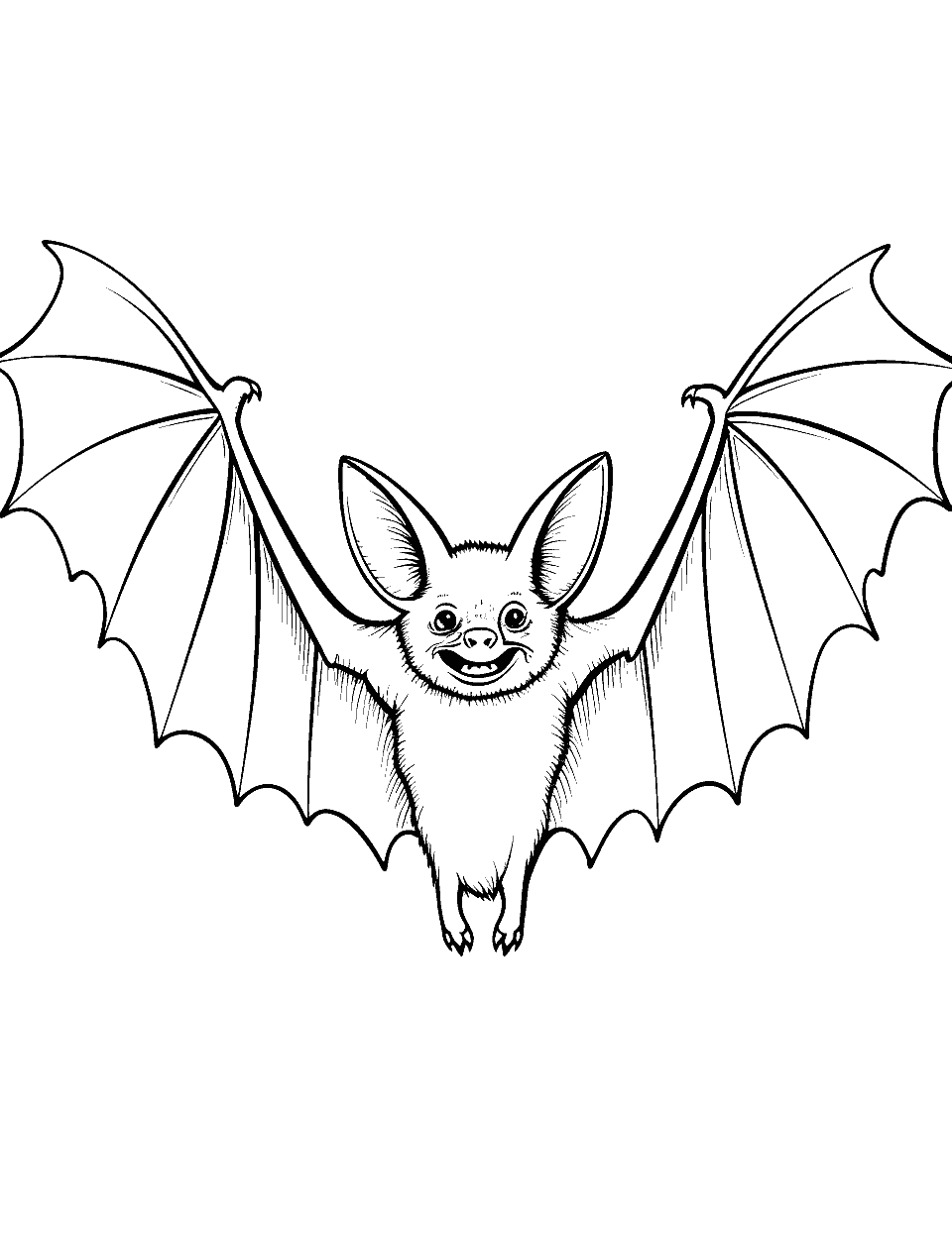 Realistic Bat in Flight Coloring Page - A detailed drawing of a bat with its wings fully spread.