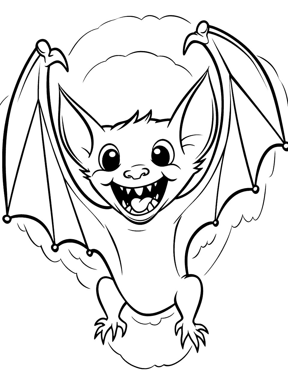 Vampire Bat Ready to Feed Coloring Page - A vampire bat with open wings and mouth, showing tiny teeth.