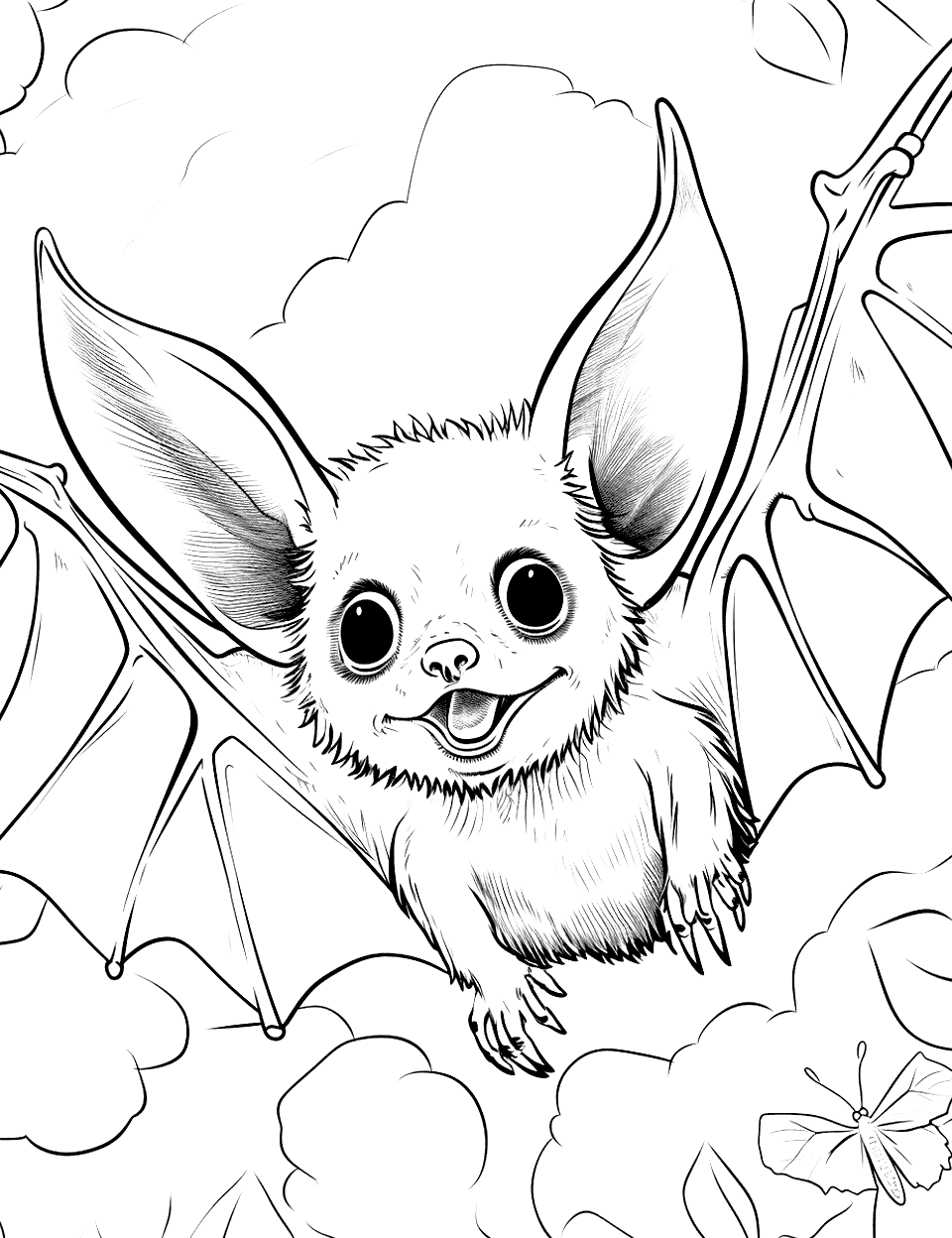 Detailed Bat Portrait Coloring Page - A close-up of a bat’s face with attention to fur and facial features.