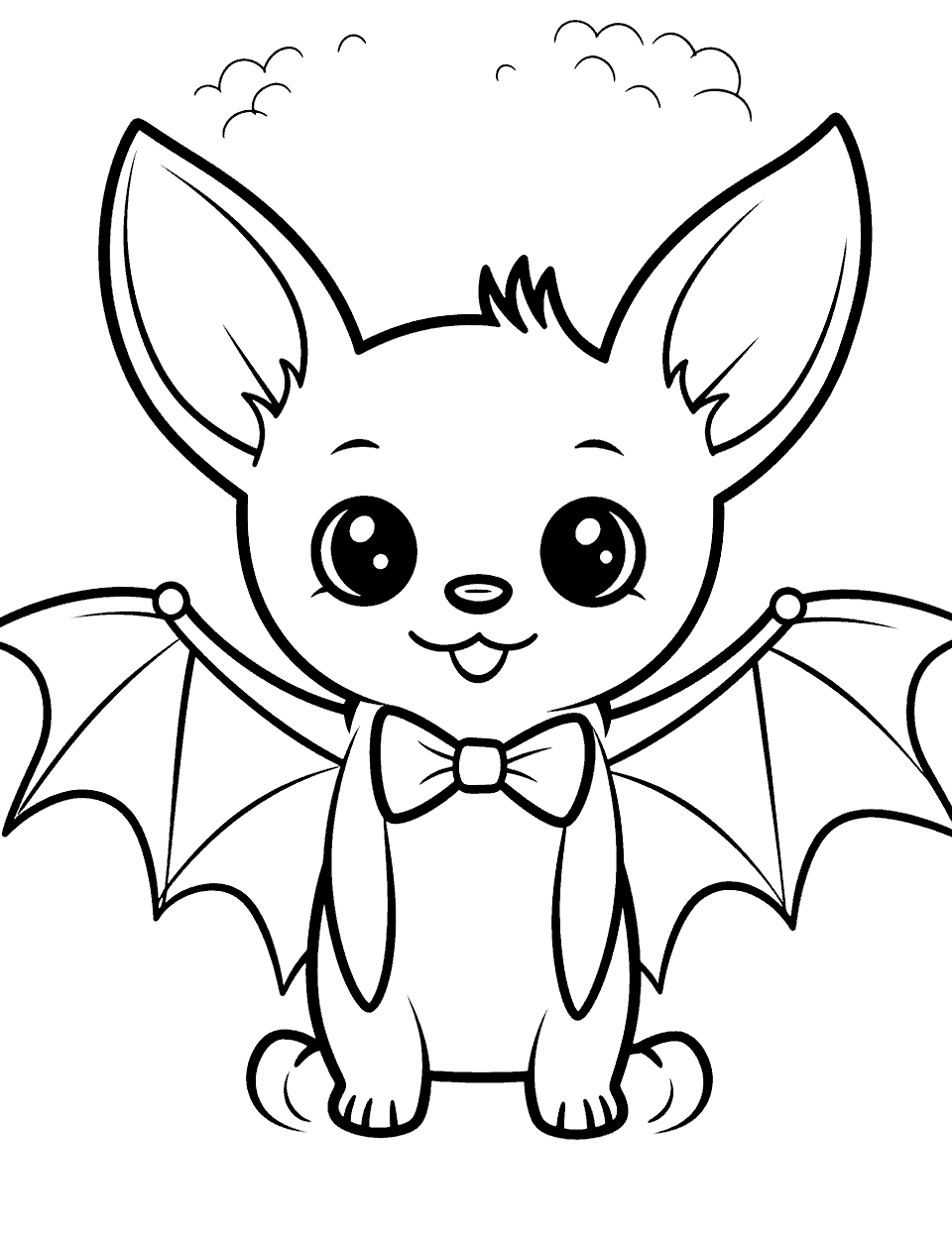 Kawaii Bat with a Bow Coloring Page - A super cute bat with large eyes and a bow on its neck.